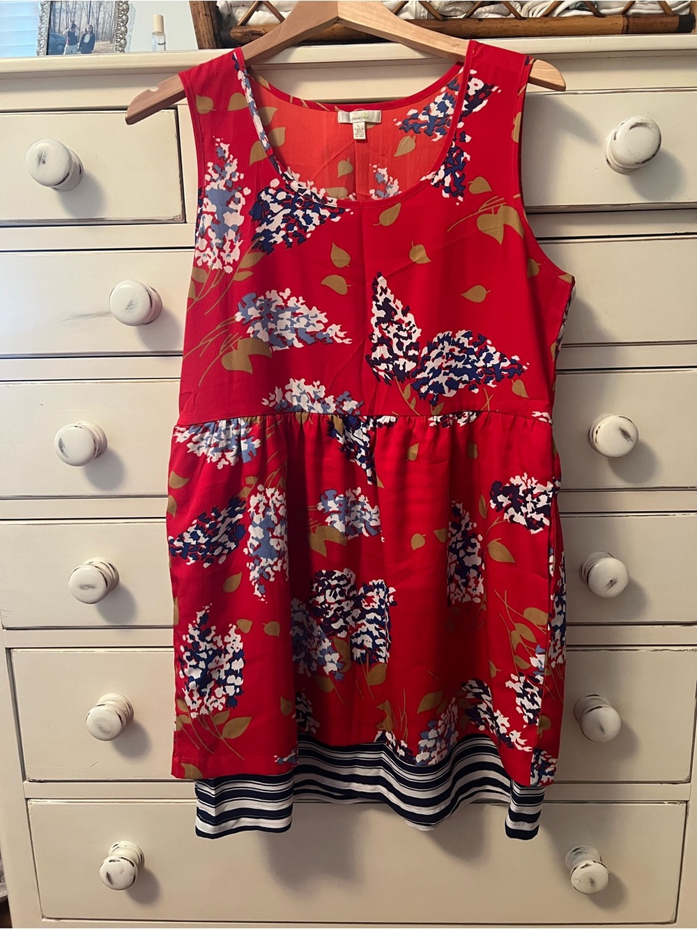 Anthropologie Red Floral Sleeveless Dress with Navy Stripe Hem
